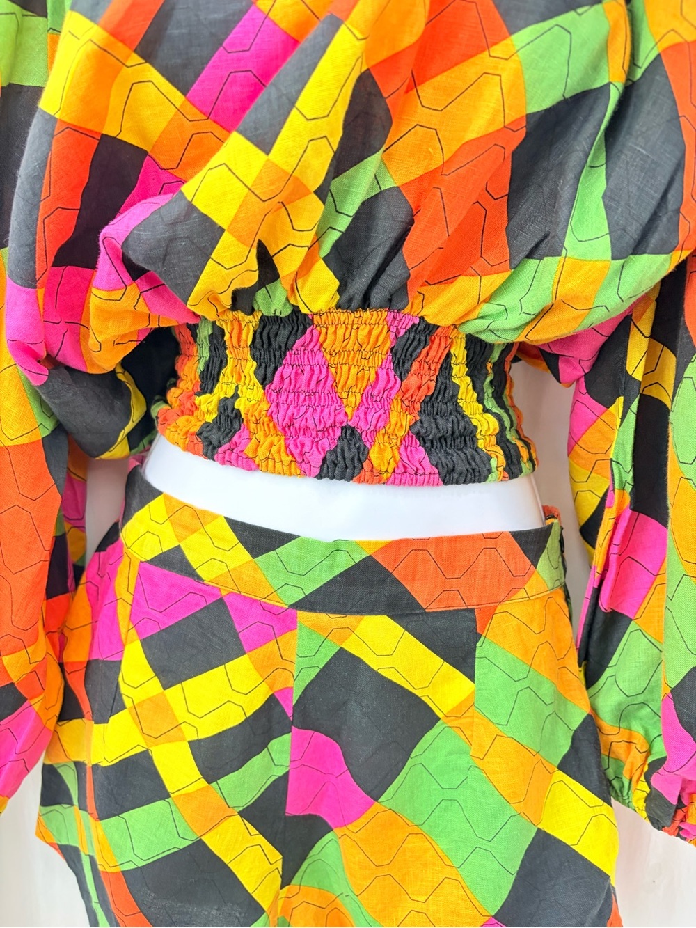 s/w/f boutique Artista Orange Pink Billow Sleeve Top & Shorts Small 100% Linen - Picture 7 of 17